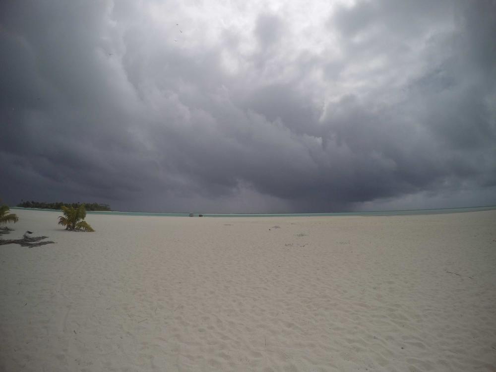Rain on the Horizon: Looks like rain on the horizon in Aitutaki, but in fact we never got wet